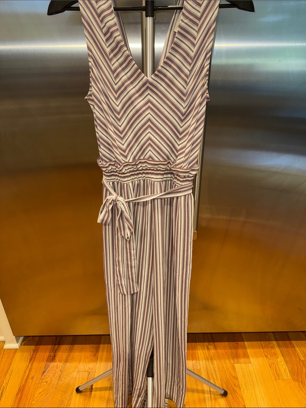 Monteau Los Angeles Striped V-Neck Jumpsuit in Lavender and White